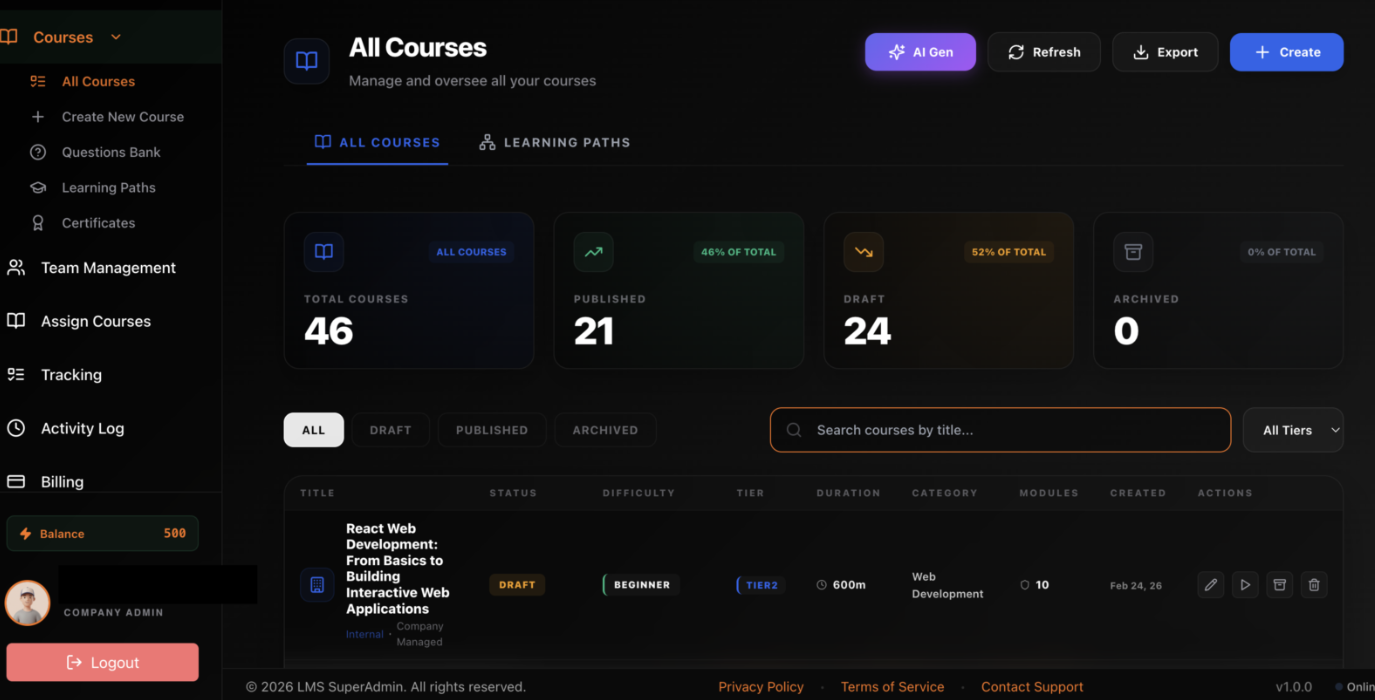 Courses Table Controls